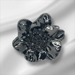 Black Tone Large Flower Crystal Bracelet Statement Chic Elegant Metallic Style